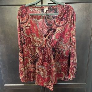 Susan Bristol Red paisley top , V neck , sequin details.